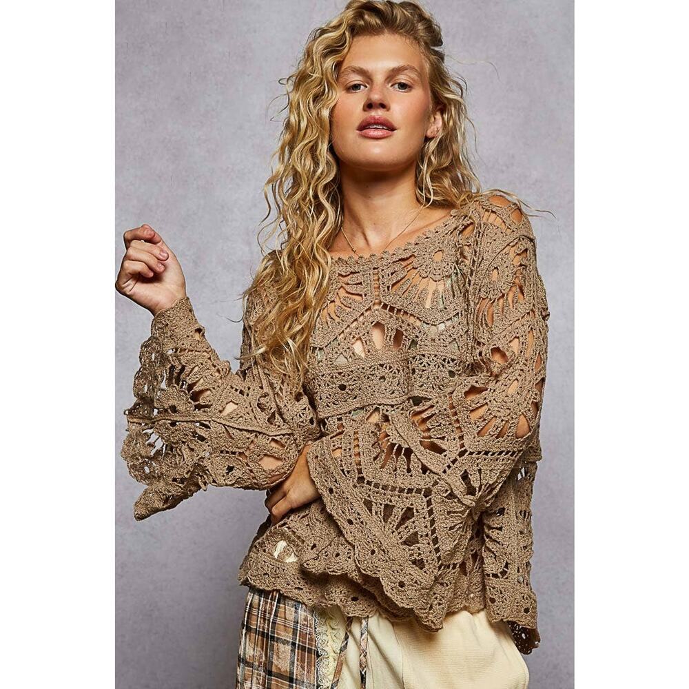 POL-Boho Round neck 3/4 sleeve crochet cropped top Olive Color